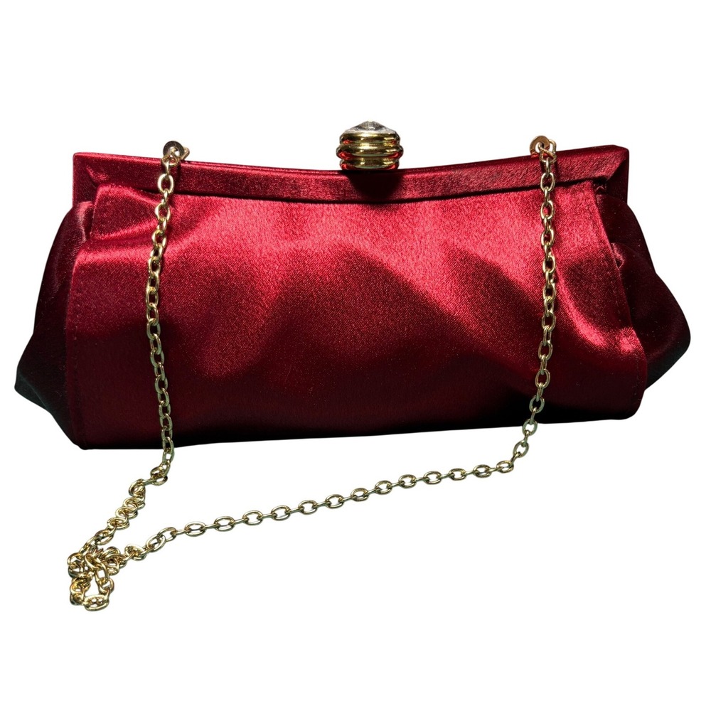 La Regale Evening Clutch Women Small Red Satin Jewel‎ Kiss Lock Chain Strap